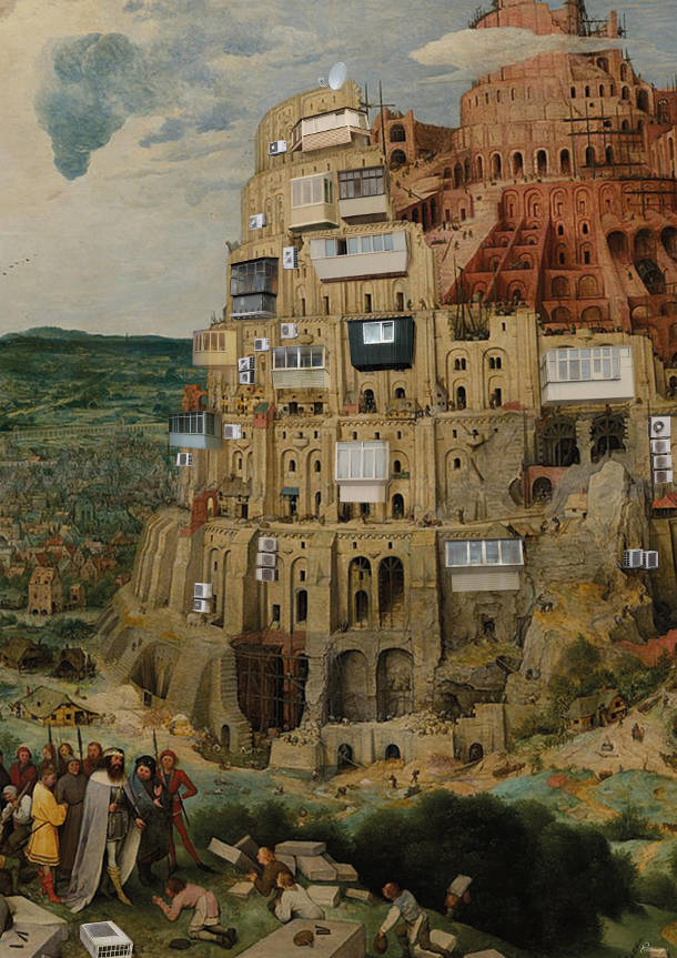Прикол Вавилон з металопластиковими балконами. Використано картину "Зведення Вавилонської вежі" (Пітер Брейгель Старший, 1563)
