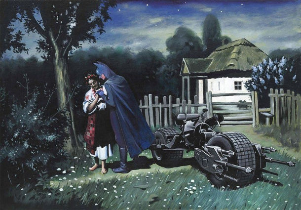 Прикол Бетмен на побаченні з дівчиною в українському селі. За мотивами картини Пимоненка "Українська ніч. Побачення"